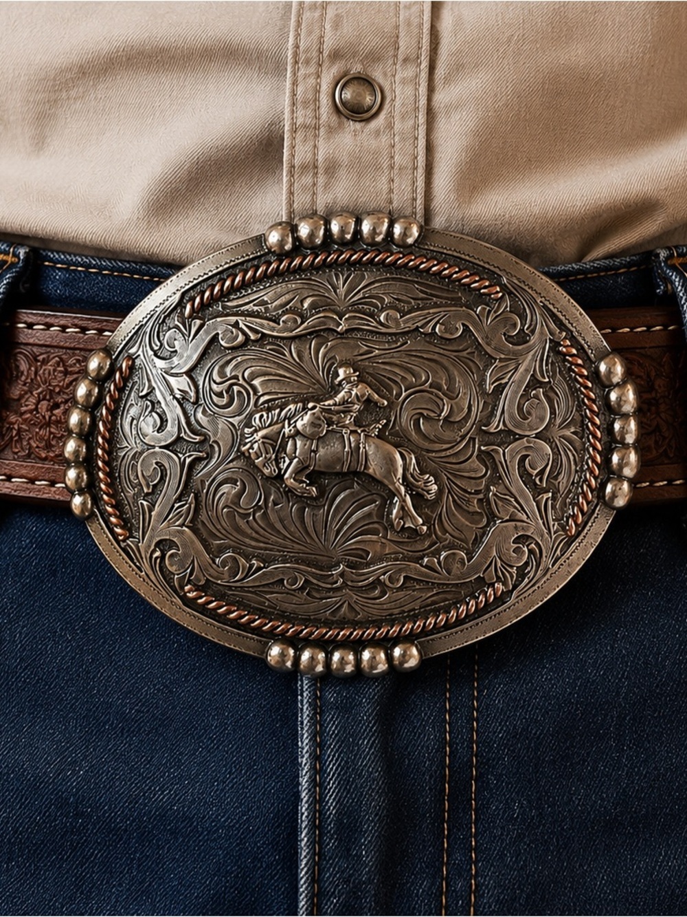 Vintage Inspired Western Bronc Rider Engraved Silver/Copper Rodeo Belt Buckle*
